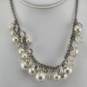 Talbots Bib Necklace White Faux Pearls Cluster‎ Clear Beads Silver Tone 16"-18"